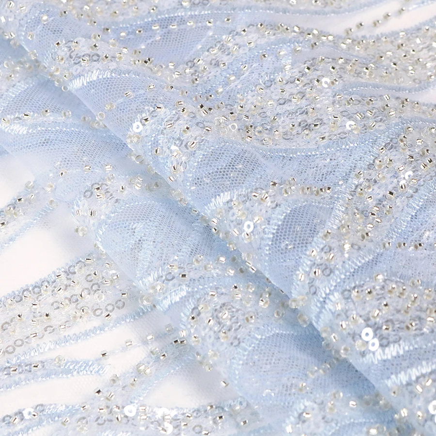 Polye Mesh Party Wear Dresses for Women Textile Fabric on Korea Wholesale Sequin Beaded Lace White Lightweight Knitted BEADING