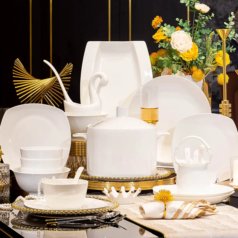 Minimalist Pure White Dish Suit Homemade Underglaze Ceramic Tableware Rice Noodle Fish Plate Dinner Plate Optional Wholesale