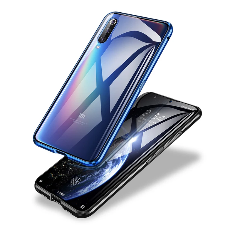 Magnetic Adsorption Case for Xiaomi 9 Built-in Tempered Glass Screen Protector Basic Cover Case Metal Frame Clear Back and Front