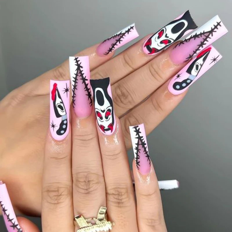 Terrible Halloween Wry Face Purple Extra Long Coffin Press On Nails Handmade Acrylic 10Pcs Waterproof Fake Nails