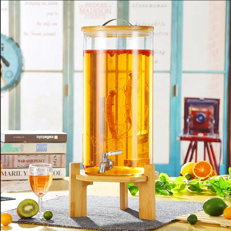 Borosilicate Glass Drink Dispenser on Wooden Stand with Airtight Bamboo Lid and Stainless Steel Spigot