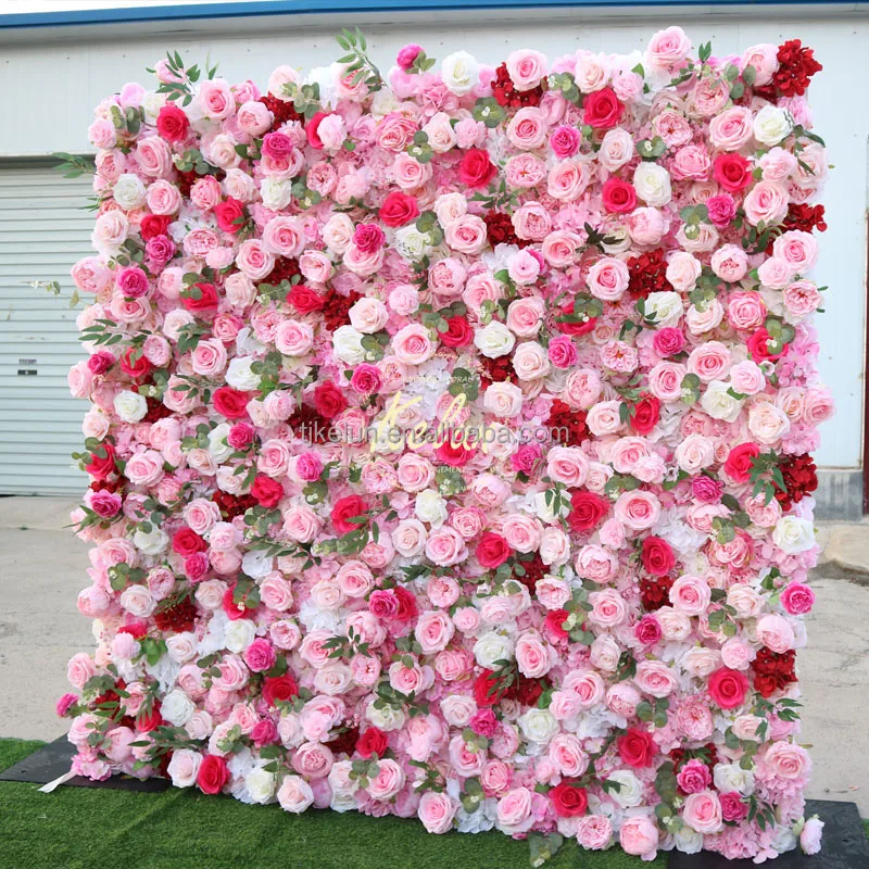 GJ-WA022 Wholesale 8*8 feet pink flower wall roll up flower wall artificial flowers wall panel backdrop for wedding decor