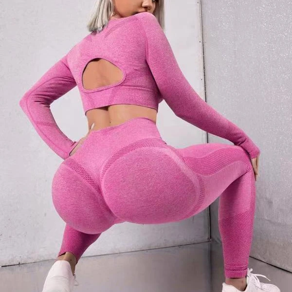 In Stock 2 Piece Gym Fitness Set Running Hollow Peach Butt ropa deportiva mujer Long Sleeve Seamless Yoga Workout Sets for Women