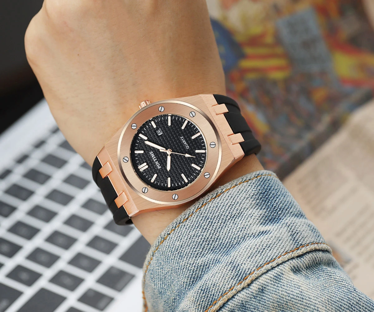 Часы наручные мужские кварцевые с резиновым ремешком, модные брендовые Роскошные спортивные золотистые в стиле милитари, с датой