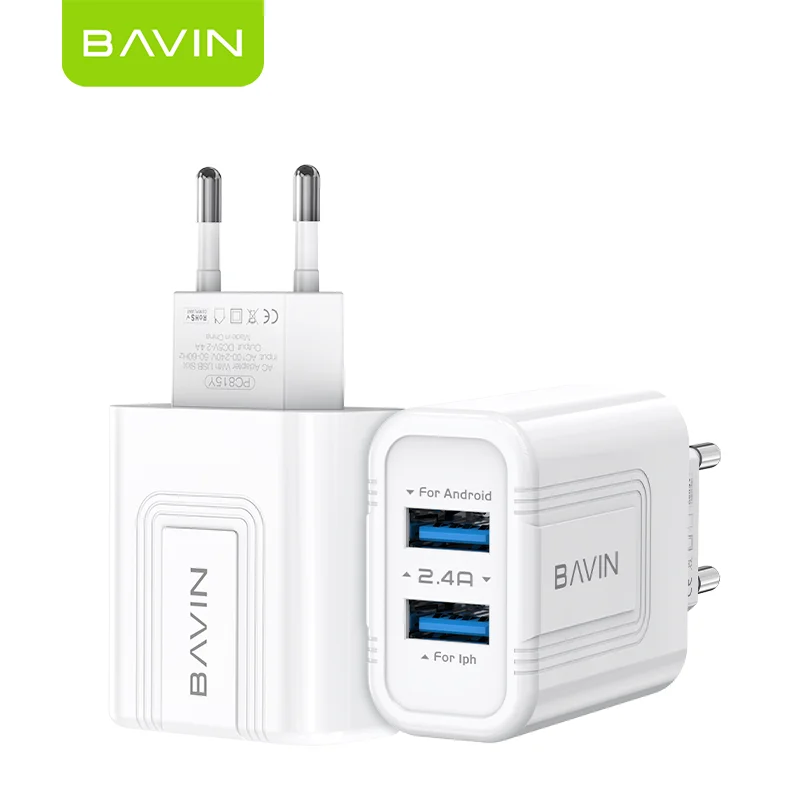 BAVIN Wholesale Price  5V 2A Custom UK US EU Plug Dual USB Port Home Use Mobile Phone Fast Charging   Wall Travel Charger PC815Y