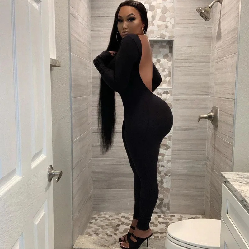 European American Style Women Solid Color Hollow Open Back One-piece Plus Size Jumpsuits