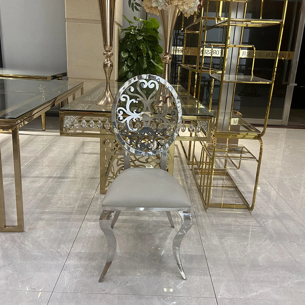 2024 New Design Round Back Gold White Leather Banquet Dinner Chair Stainless Steel Wedding Chair For Event Rental