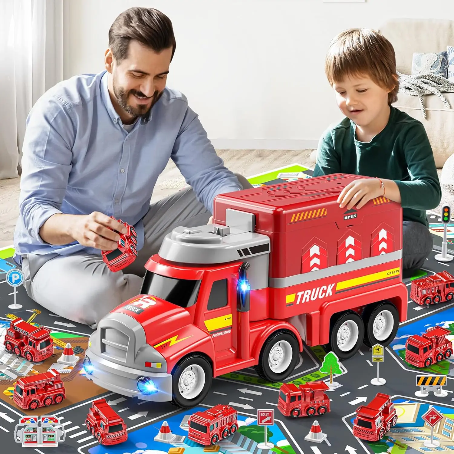 TEMI Fire Truck Kids Toys for 3 4 5 6 Year Old Boys, Car Carrier Toy with 8 Mini Vehicles, Movable Truck Station Toys Race Track