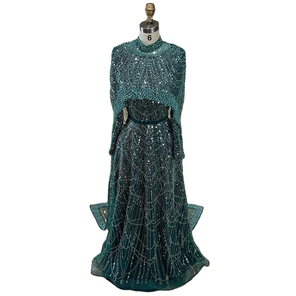 Мусульманское вечернее платье трапециевидной линии с бисером роскошное арабское 2025 жемчужины вечерние платья накидкой женские свадебные