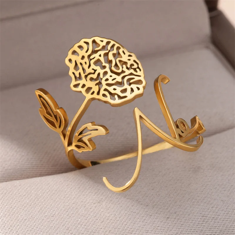 New Arrival Stainless Steel Engraved Month Initial Letter Ring Delicate Adjustable Hollow 12 Months Flower Birth Ring