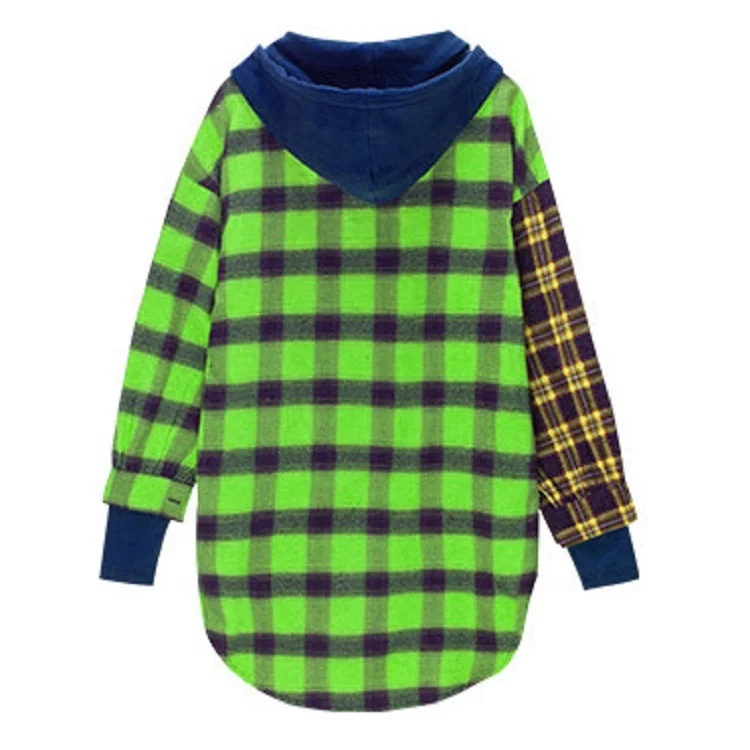 Streetwear Custom Flannel Patchwork Color Block Long Sleeve Hooded Button Up Curve Hem Oversize Women Plaid Shirts with hood