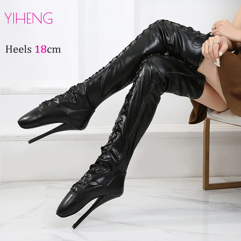 Extreme Sexy Fetish 18cm 7.2Inches Heel Gothic Shoes Drag Queen Cross-Tied Over Knee Thigh High Long Ballet Boots Size 36-46
