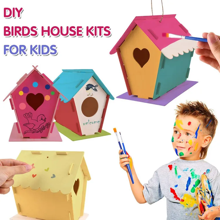 Wooden Handmade bird house kit blank wood board puzzle DIY creative hand painting small house Log cabin craft pendant