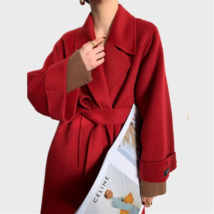 Новое модное женское Двустороннее пальто из 100% шерсти, зимнее длинное женское кашемировое шерстяное пальто большого размера ручной работы
