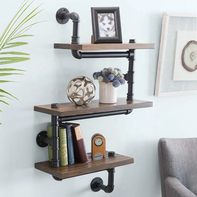 3-Layer Rustic  Zig Zag Style Shelf Wooden Wall Floating With Industrial Iron Black Pipe