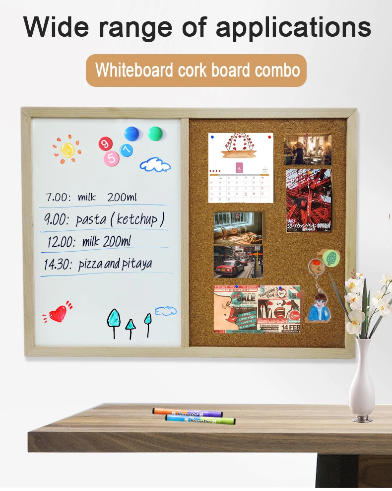 Combination board Combo Board Wooden Frame Magnetic Marker Whiteboard Cork Notice Board for School