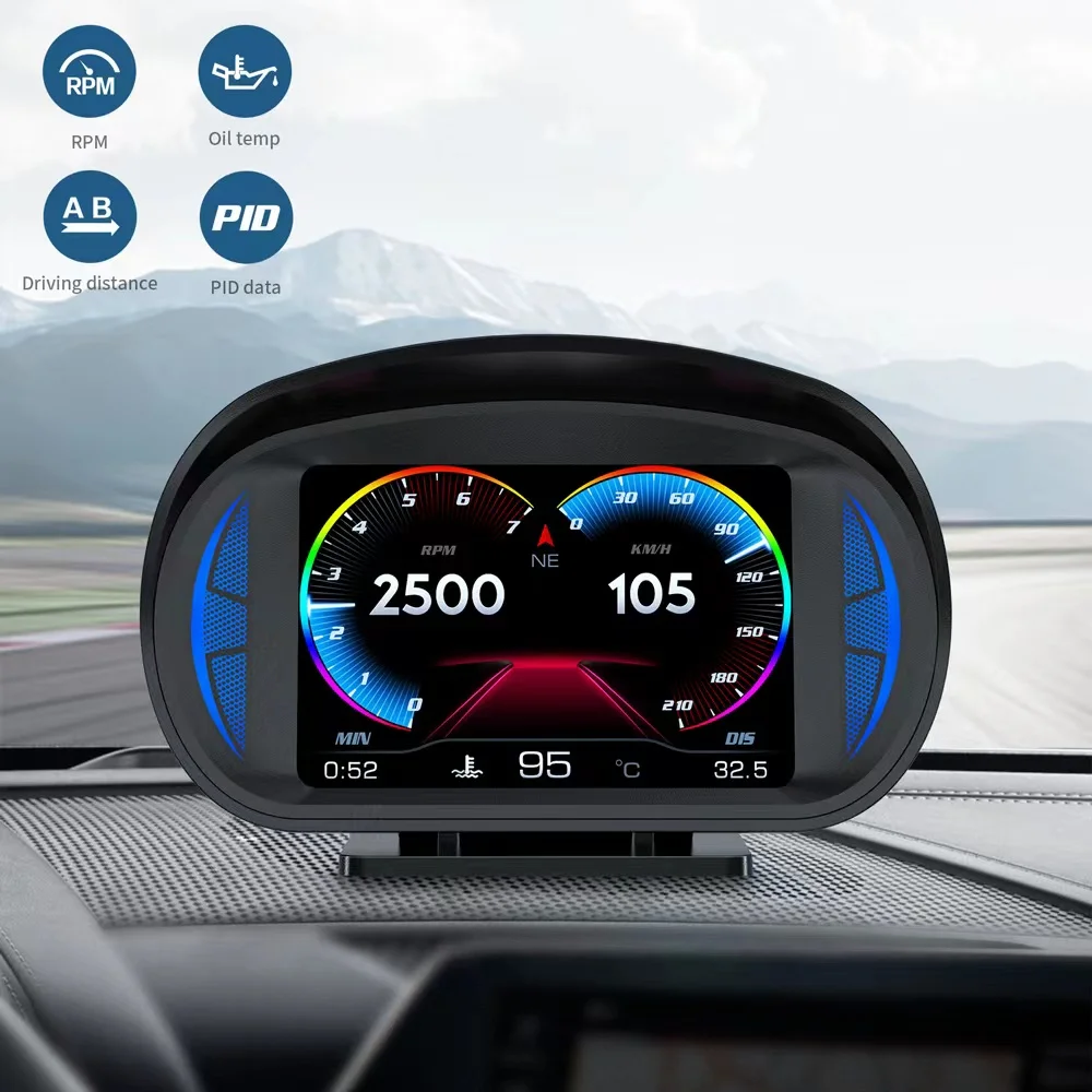 2023 WiiYii Newest P2 Read RPM Oil Temp Engine Failure OBD2+GPS+Slope Meter Head up Display for Universal Car