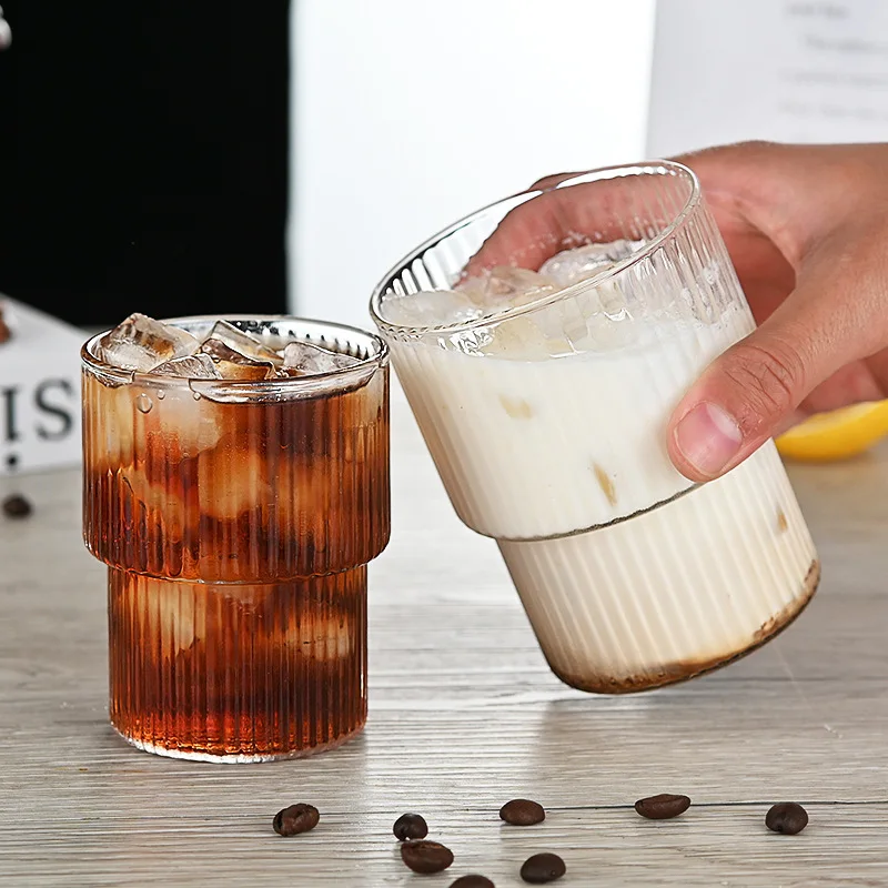 Wholesale Creative Unique Ribbed Cold Coffee Cup Reusable Glass Cups