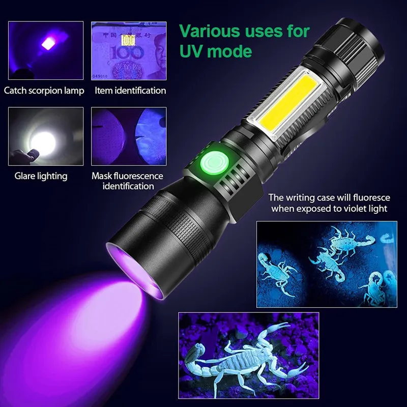Telescopic Zoom Rechargeable COB Led Flashlight Torches 1000lm Waterproof UV Light Flashlight Camping 18650 Customized Logo OEM