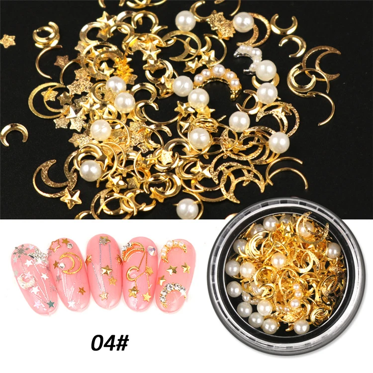 9 Designs 3D Mix-shape Glass Rhinestone Pearl Metal Alloy Star Moon Nail Jewelry Decoration Rivet
