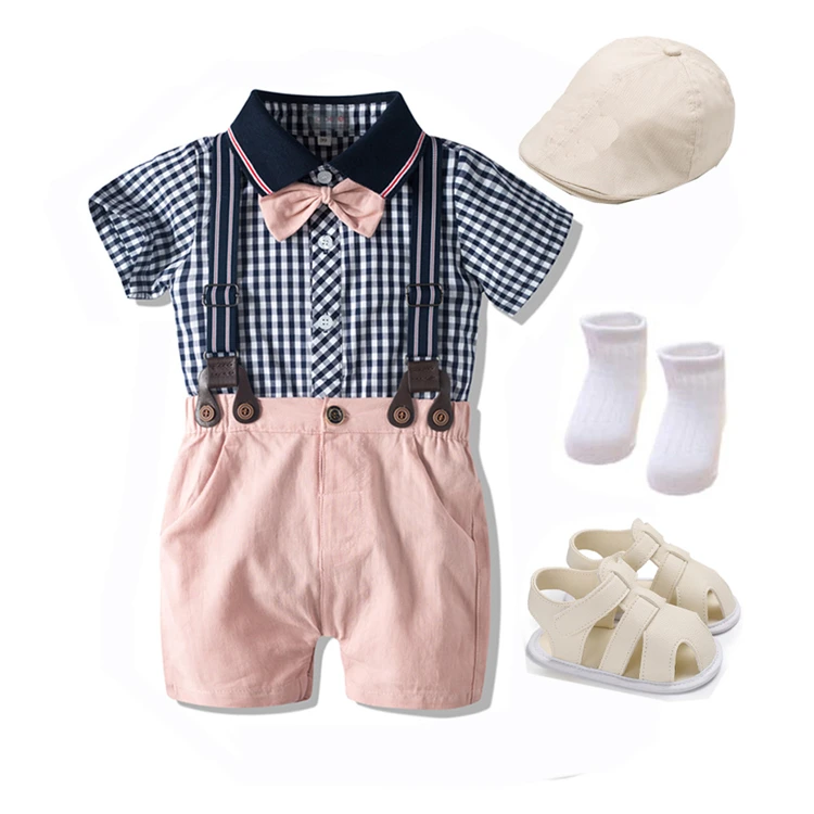 Summer Boys Outfit Hat Shoes Baby Clothes Set Bow Tie Bib Suit Newborn 7 Pieces Party Birthday Clothes 3 6 9 1 2 18  Months