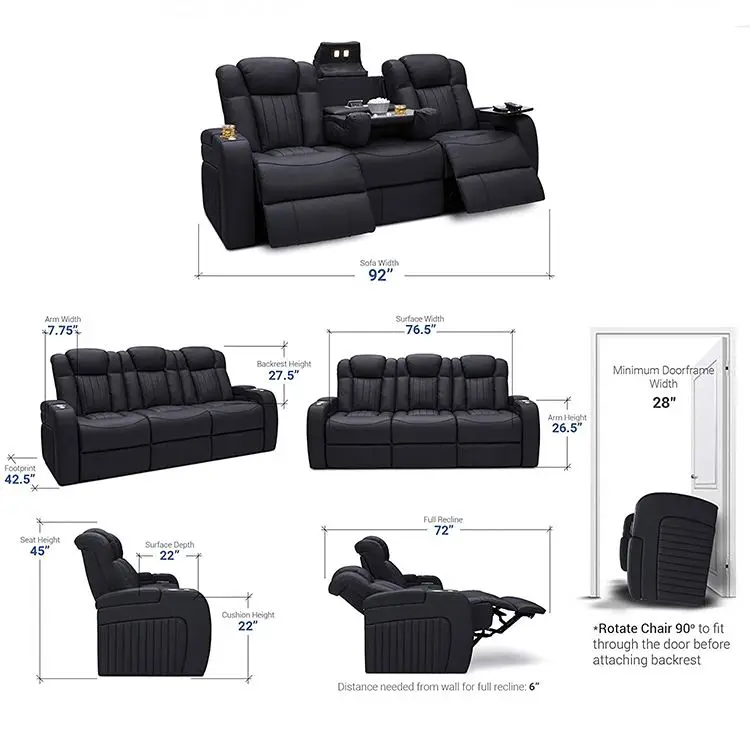 2024  luxury private customized Italian top grain leather electric power recliner LED home theater cinema sofa with coffee table