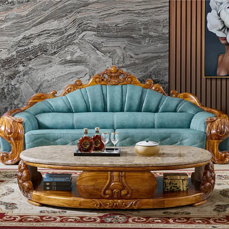 European-style wood coffee table TV cabinet natural marble solid wood carved tea table villa luxury furniture