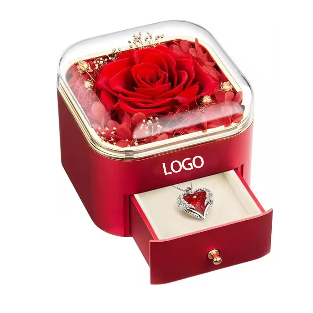 2024 Christmas Valentines Day Gift Real Natural Eternal Rose Flower Preserved Rose Acrylic Jewelry Box Gifts for Women Girls