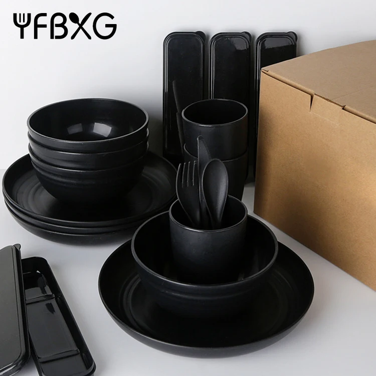 Modern Eco Friendly Unbreakable Wheat Straw Plastic Dinnerware Set Black Plate Cup Bowl Spoon Fork Knife Set
