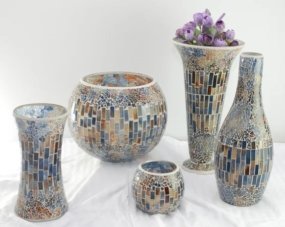 Handmade Waist Shape Crackle Silver Mosaic Vase Receptacle /Large Floor Vases Antique Glass Mosaic Vases