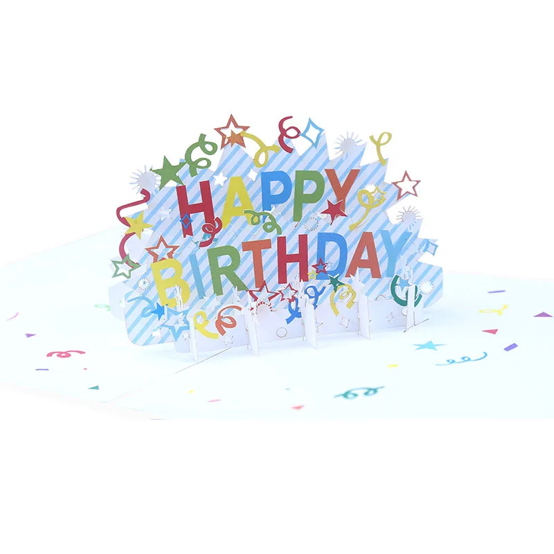 Custom with Logo Cute Blue Coloured Ribbon Happy Birthday BLessing Invitation 3d Pop Up Paper Greeting Card