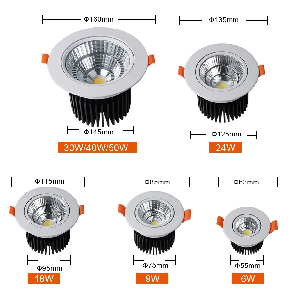 
OKELI Factory wholesale price 3w 6w 9w 18w 24w 30w 40w 50w COB Recessed Adjustable led downlight Aluminum led down light 