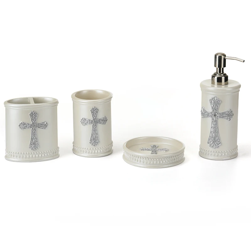 Custom Design Resin Bathroom Set Lotion Dispenser Soap Dish Bathroom Accessories Set White Cross Resin Bathroom Accessories