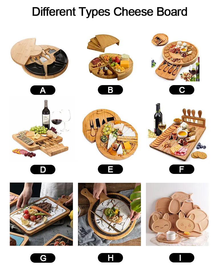 Wholesale custom logo rectangle square round premium cheap small bamboo meat cheese charcuterie board platter set with knives