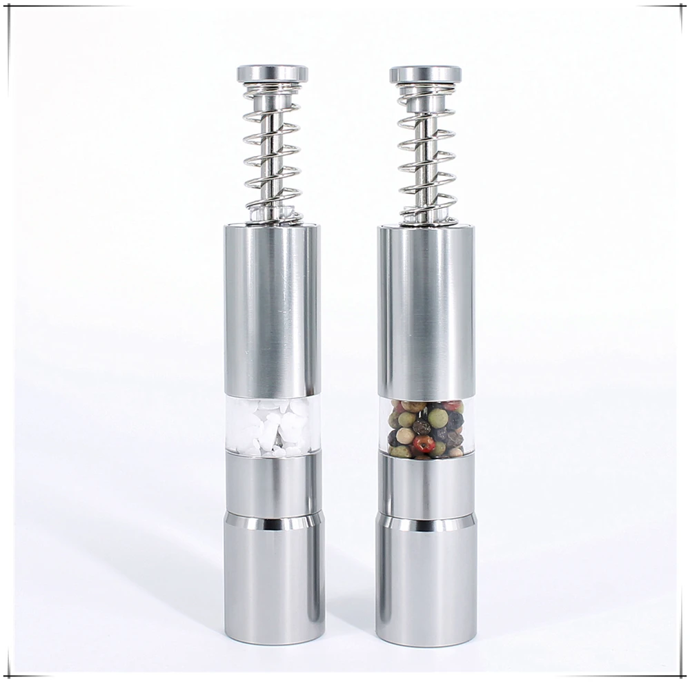 mini portable  aluminium thumb pump manual salt and pepper mill set