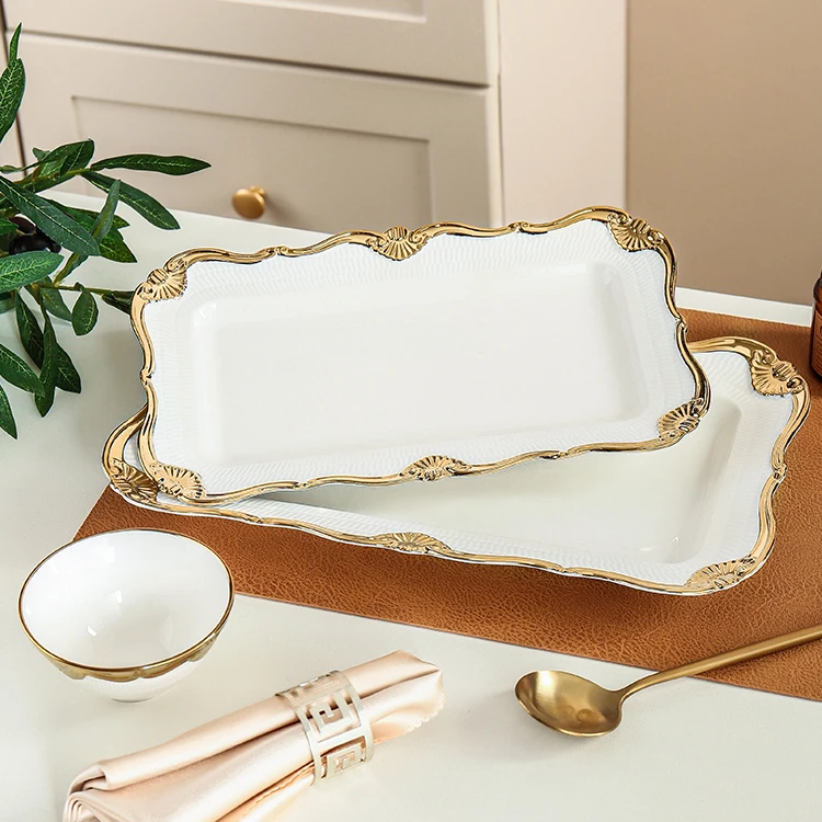 New Design Luxury White Gold Rim Ceramic Dinner Plates For Hotel Restaurant Wedding Party