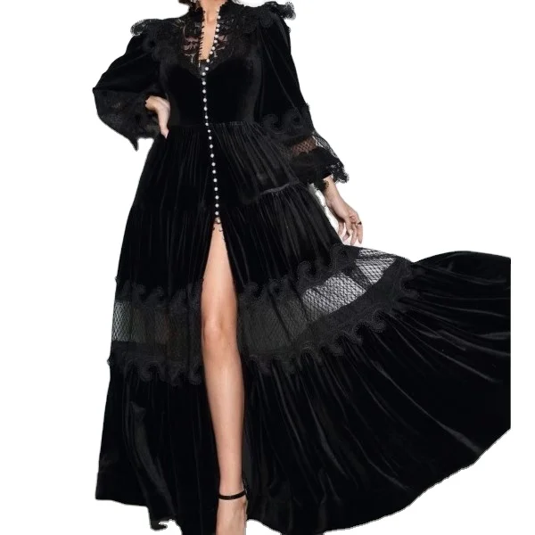 2023 New Fashion long sleeve velvet lace dress with large skirt and decorate with pearl elegant maxi long sleeves dress