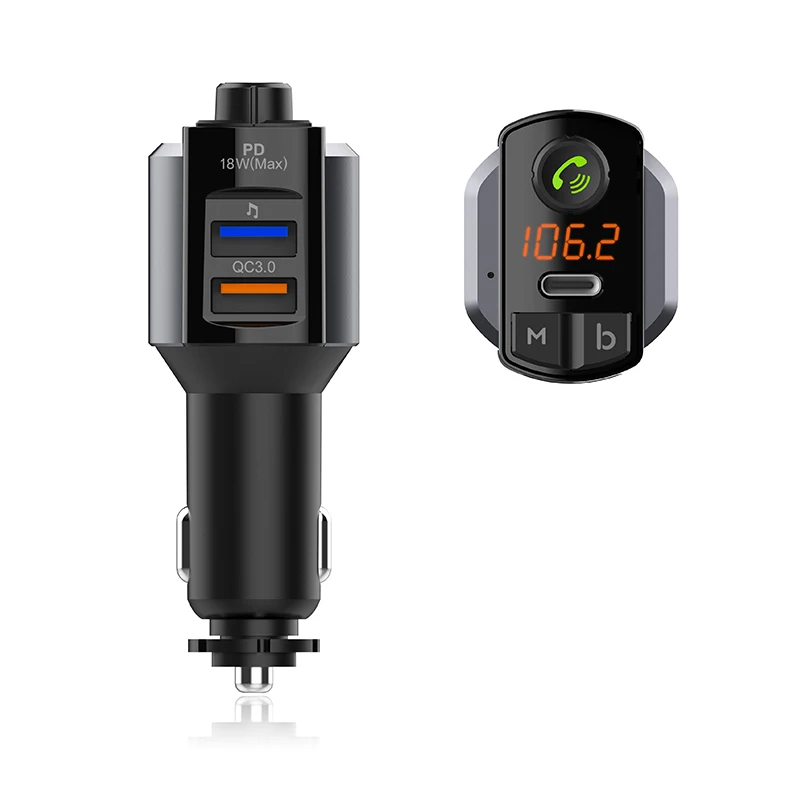 Three-port charging PD+QC3.0+5V/1A car charger fm transmitter car mp3 player blue tooth car kit auto electronics