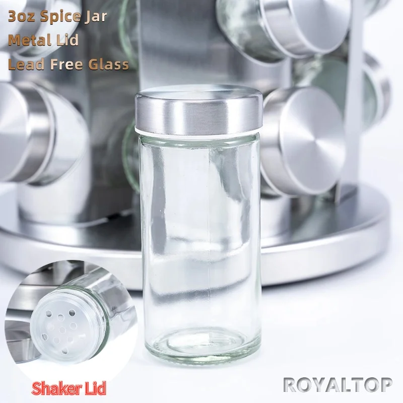 hot sale color box blister rotating spice rack 12 jars glass spice jar bottle organizer set with stainless steel carousel stand