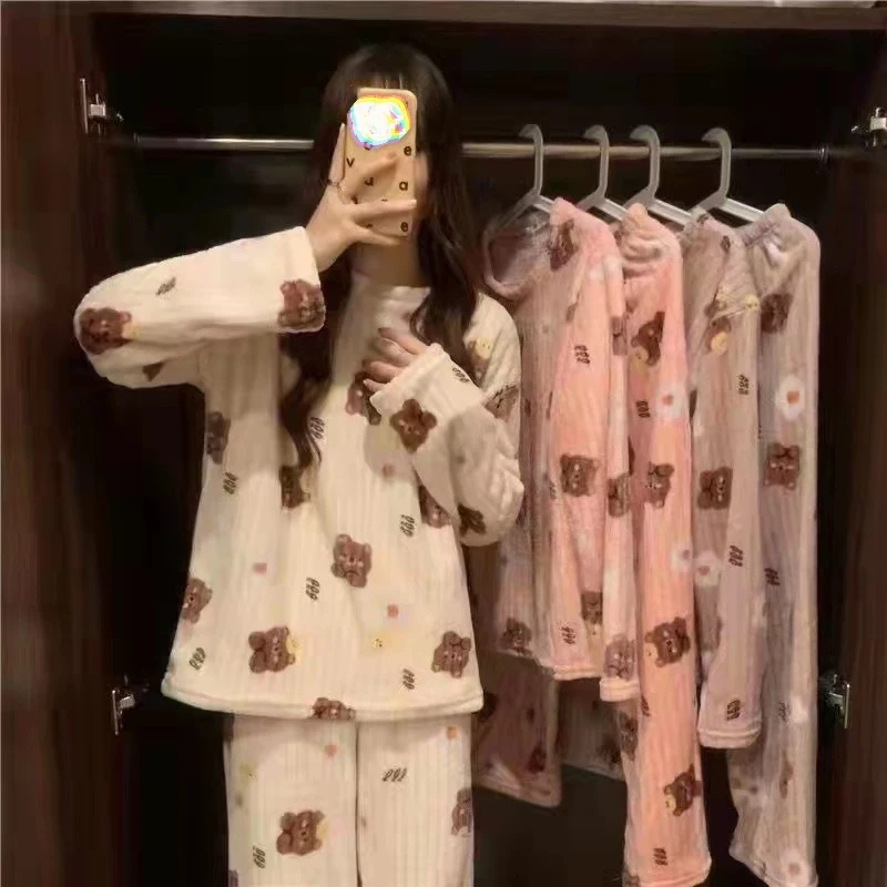 factory wholesale winter flannel printed cute pijamas for women new design pajamas set warm nightgown
