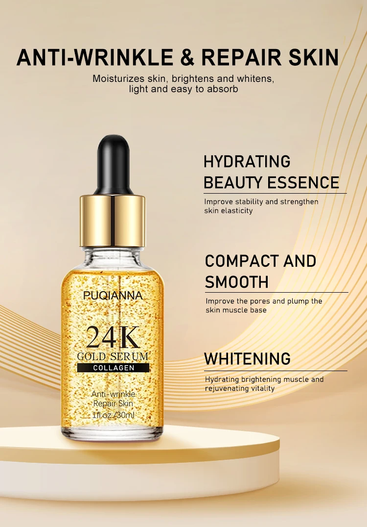 PUQIANNA factory cosmetic 24K GOLD Serum Moisturizing Hyaluronic Acid  Anti-Aging Whitening skin care serum Gold facial serum