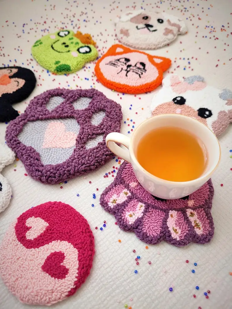 small size custom cute cat cow embroidery animal pattern punch needle tufting coasters mug rugs