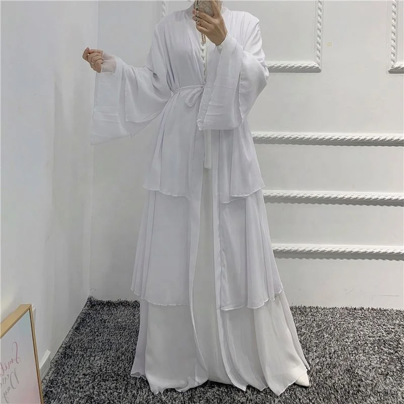 2022 New Arab Dubai 3 Layers Open Abaya Islamic Dresses Dubai Muslim Abaya Modern Islamic Front Open 3 Layers Abaya