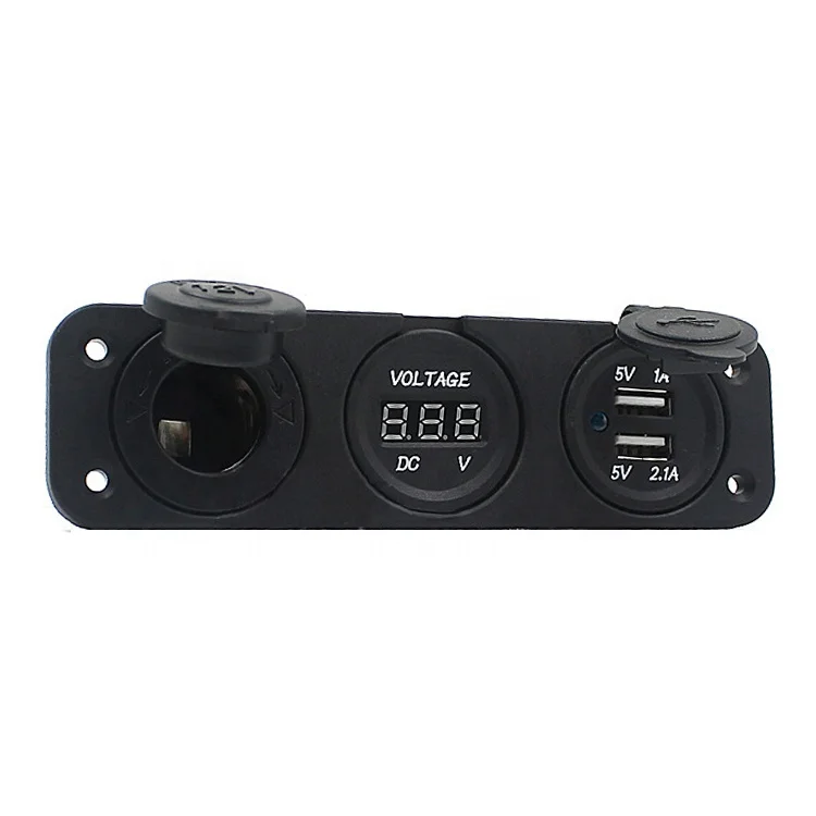 3 In 1 Dual Usb Port 12 Car Usb Panel Mount With Volt Meter + Cigarette Lighter Socket