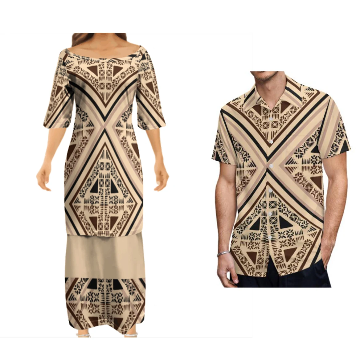 No Minimum Pacific Island Art Breathable Lady Puletasi Dresses And Men Aloha Shirt Tonga Polynesian Tattoo Designs Couple Suit