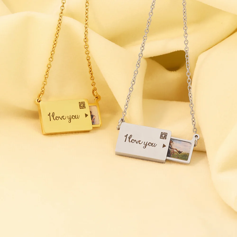 Fashion Custom Photo Engraved Letter Envelope Pendant Necklace Stainless Steel Clavicle Chain Necklace
