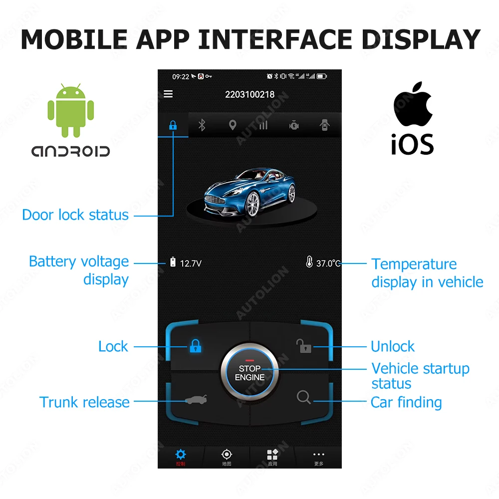 4G GPS/GSM alarm security system control by phone APP lock unlock and tracker remote start stop engine vehicle