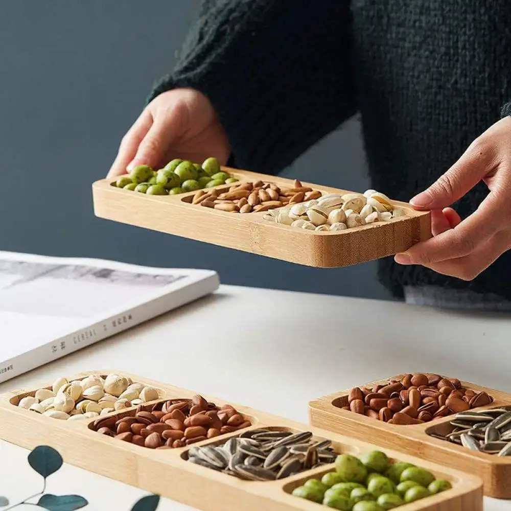 Hot Selling 3 Grids Natural Bamboo Dry Fruit Serving Plate Divider Multi-functional Tray for Nuts Appetizer Snack