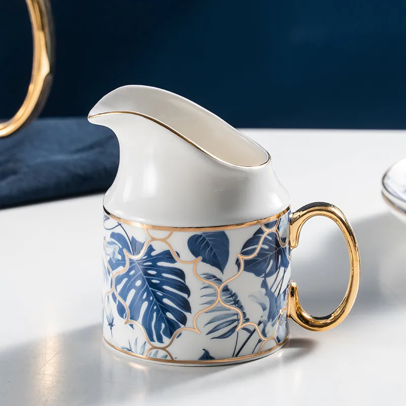 
European Royal Porcelain Tea And Coffee Set Luxury Blue Banana Leaf Design Bone China Tea Cup Set 