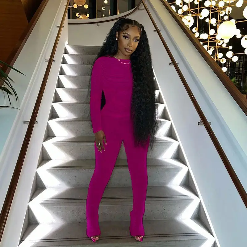 Solid Color In Stock Pink Net See Through Stretch Sexy Top Pants Outfits Women Two Piece Set